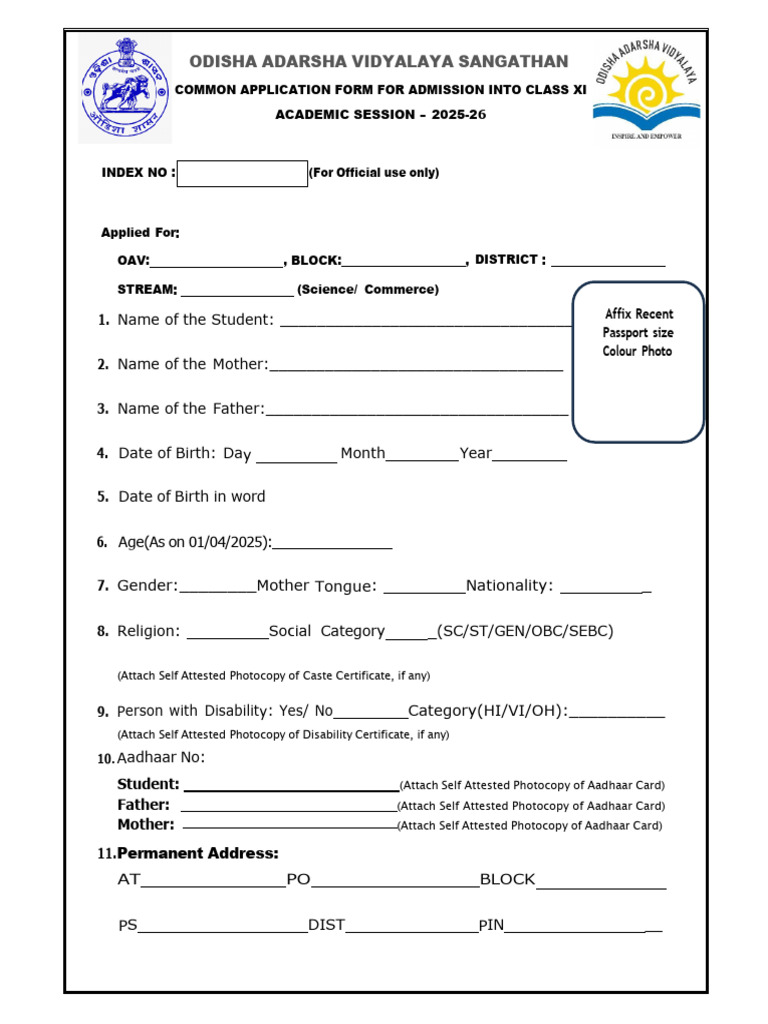 OAV Class XI Admission Form 2025-26 | PDF