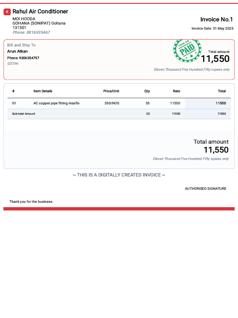 Invoice for AC Copper Pipe Fittings | PDF