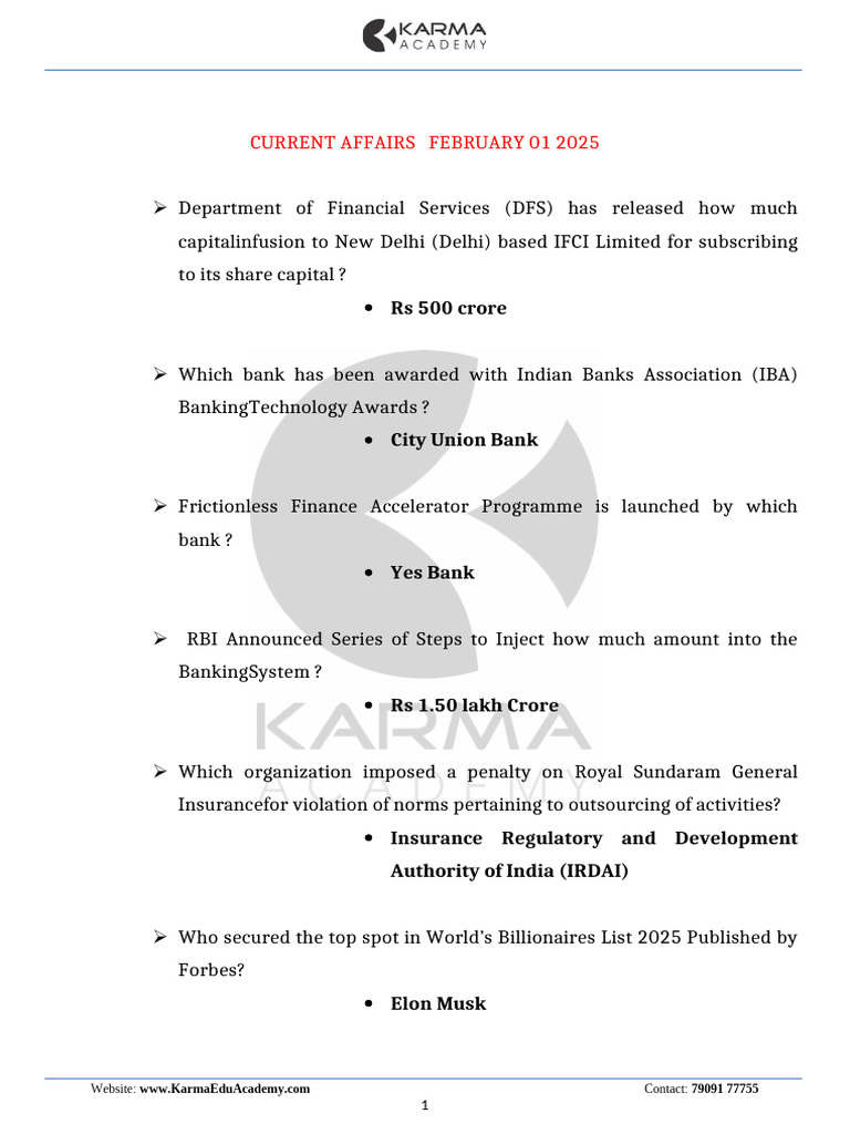 February 2025 Current Affairs Summary | PDF | Economy Of Asia ...