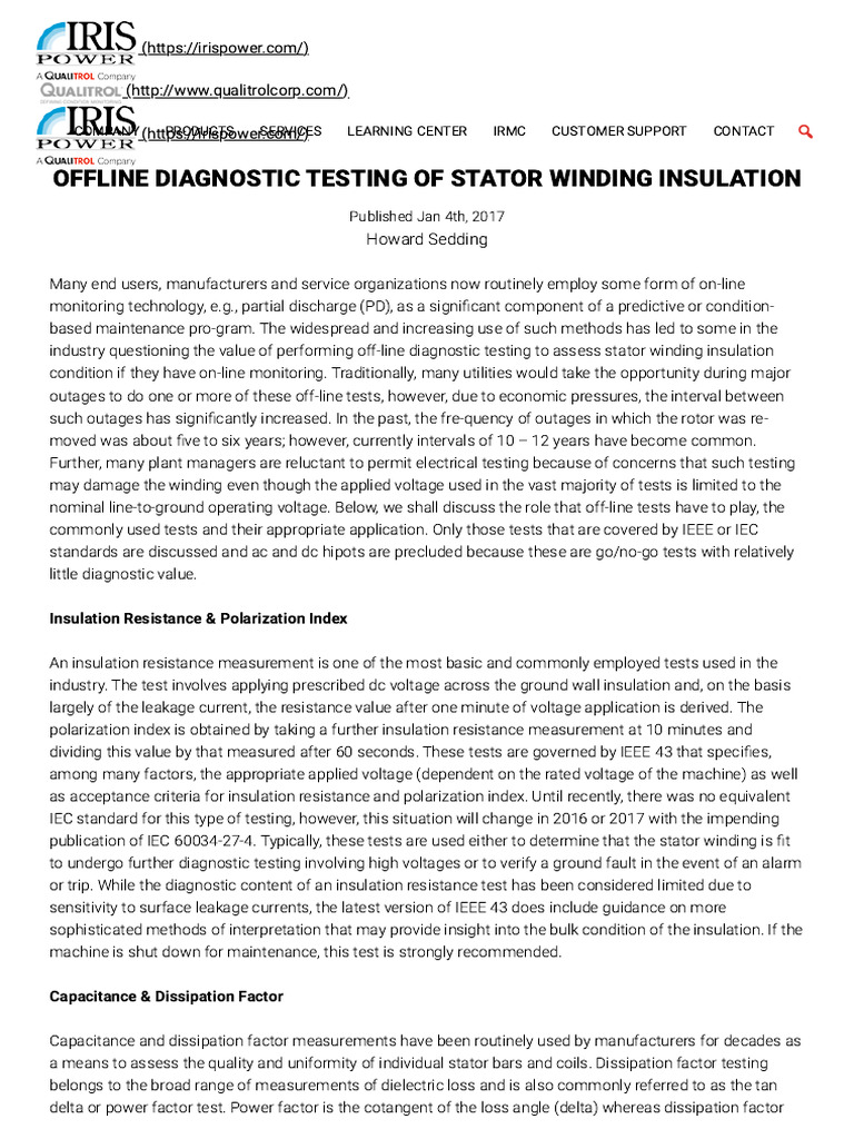 Offline Diagnostic Testing of Stator Winding Insulation - Iris Power ...