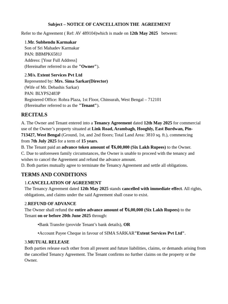 Tenancy Agreement Cancellation Notice | PDF | Lease | Civil Law (Legal ...