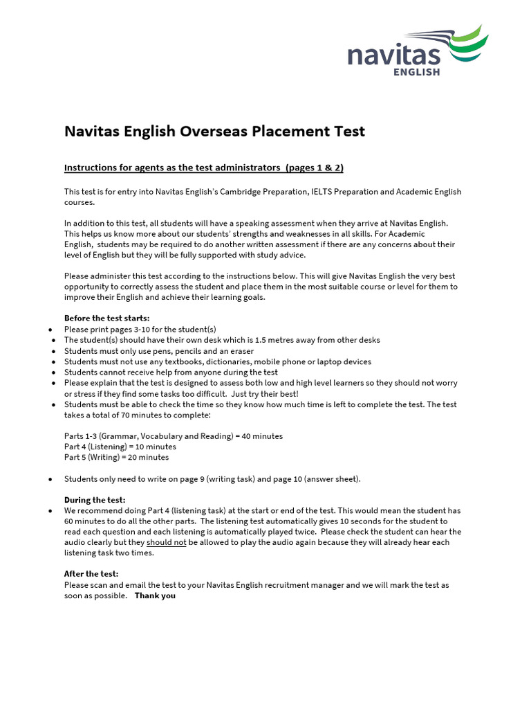 Navitas English Placement Test Guide | PDF | Menu | English Language