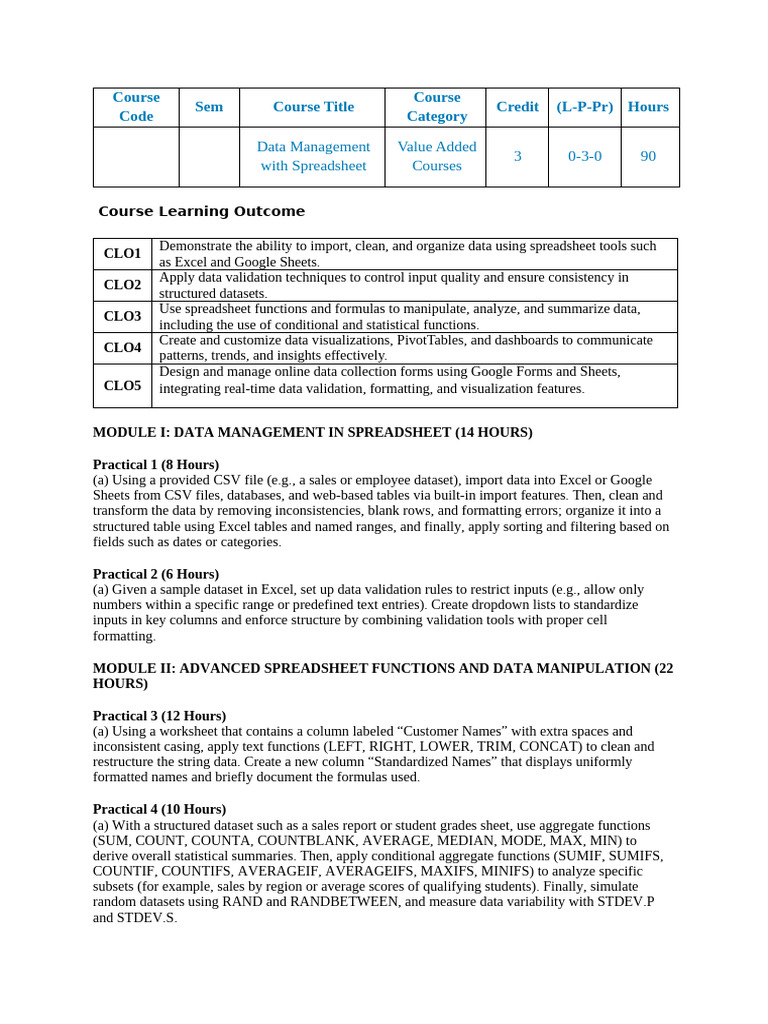 Data Management with Spreadsheets Course | PDF | Spreadsheet ...