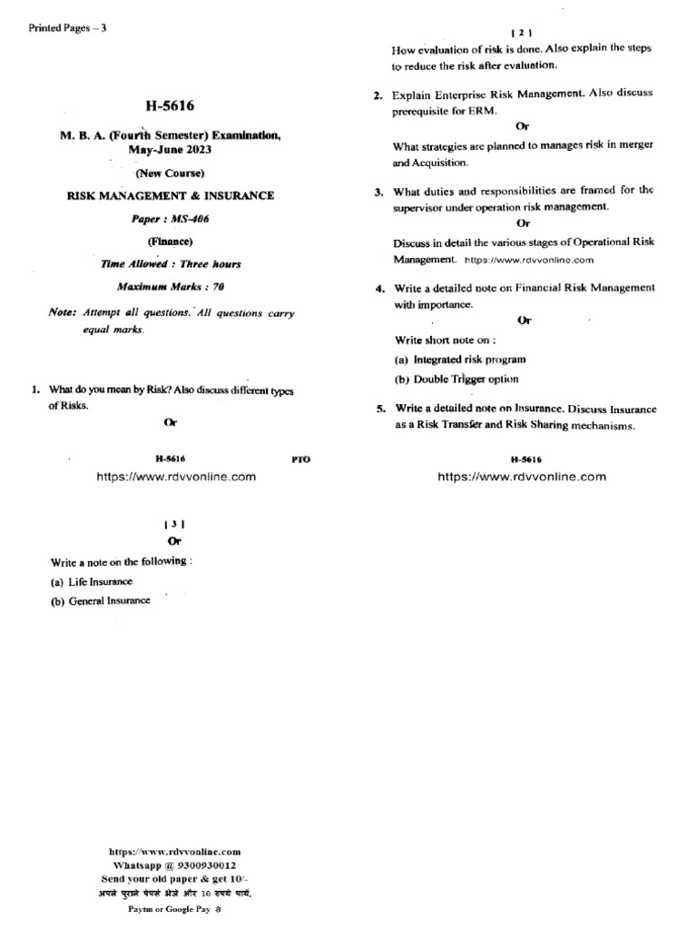 Mba 4 Sem Risk Management and Insurance H 5616 Jun 2023 | PDF