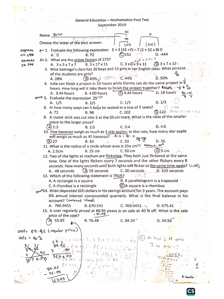 Gen - Ed. Mathematics Post Test September 2019 | PDF