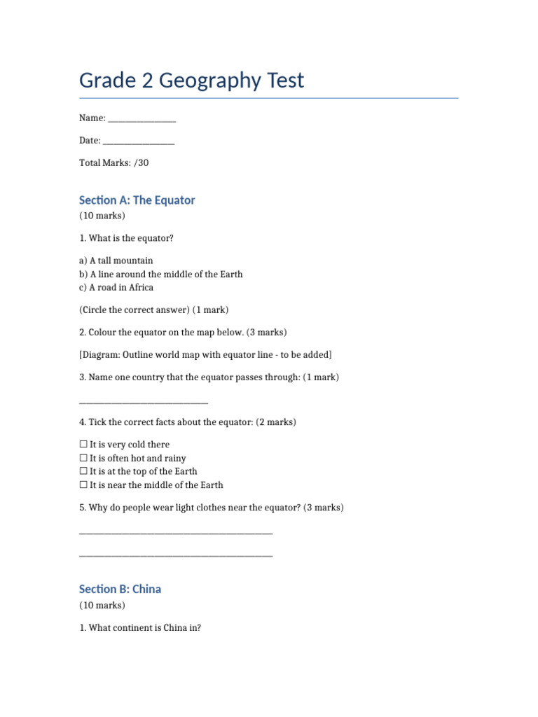 Grade 2 Geography Test Overview | PDF