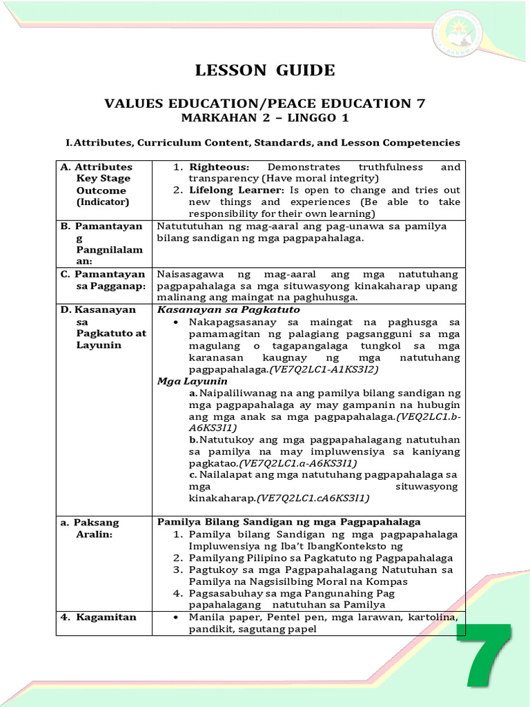 Lesson Guide: Values Education/Peace Education 7 | PDF