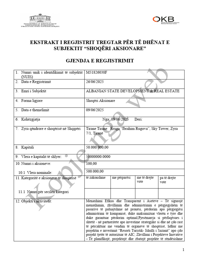 Ekstrakt I Regjistrit Tregtar Për Të Dhënat e Subjektit 