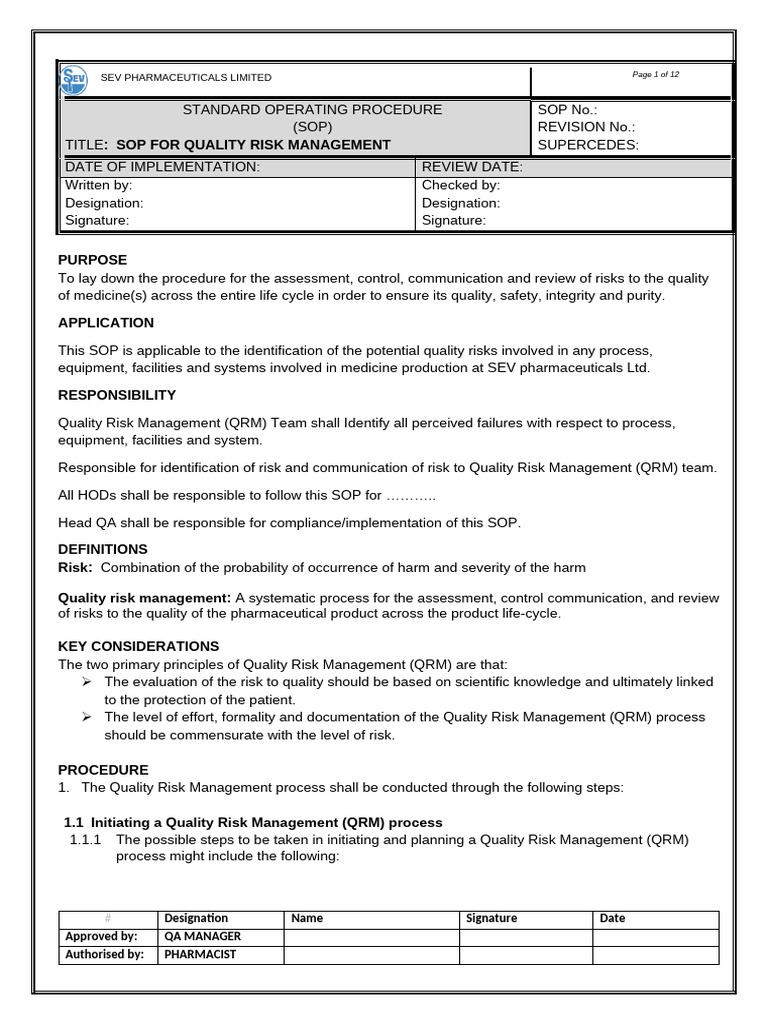 Quality Risk Management SOP | PDF | Risk | Risk Management