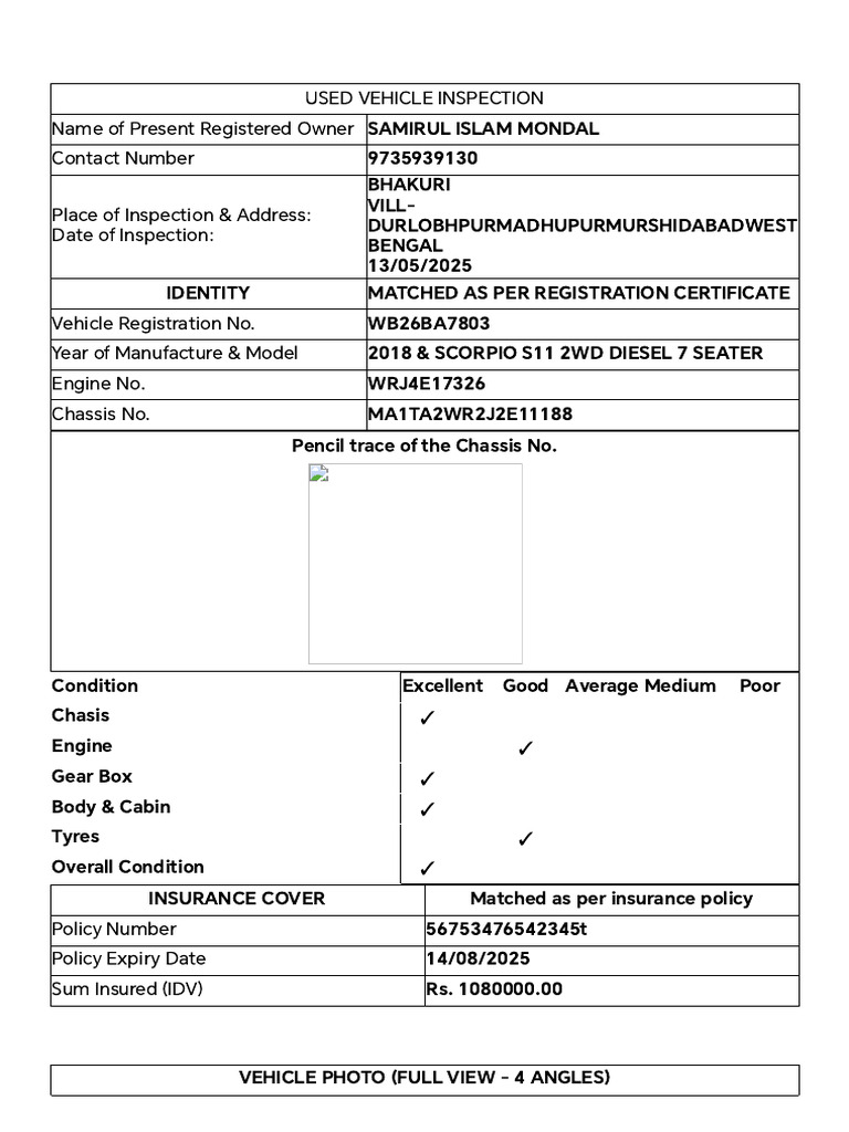 Used Vehicle Inspection Report for Scorpio | PDF