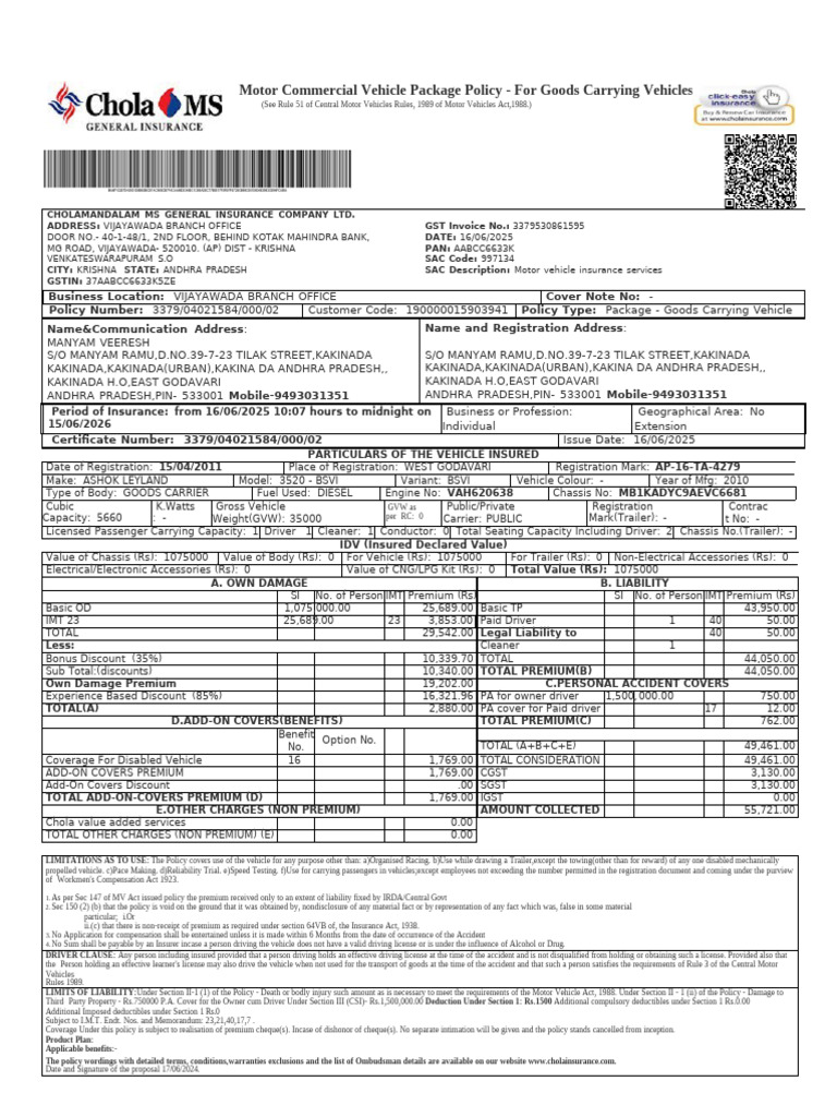 Chola Insurance: Motor Vehicle Policy | PDF | Insurance | Vehicles