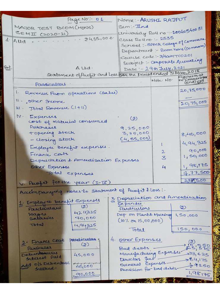 Arushi Rajput Bcom Hons Sem2 Corporate Accounting Major Exam.. Roll No ...