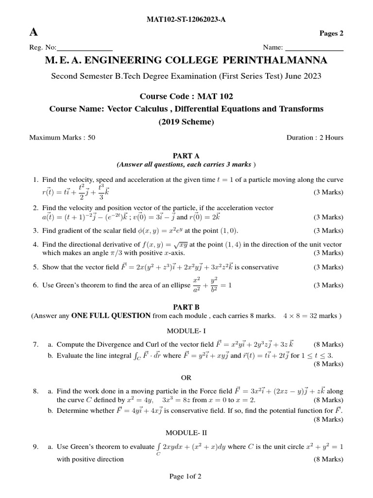 MAT102 Exam: Vector Calculus & DEs | PDF | Calculus | Geometry