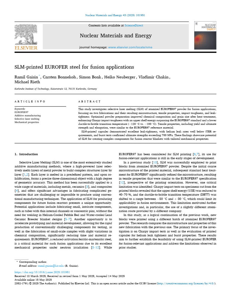 SLM of EUROFER97 for Fusion Applications | PDF | Heat Treating | 3 D ...
