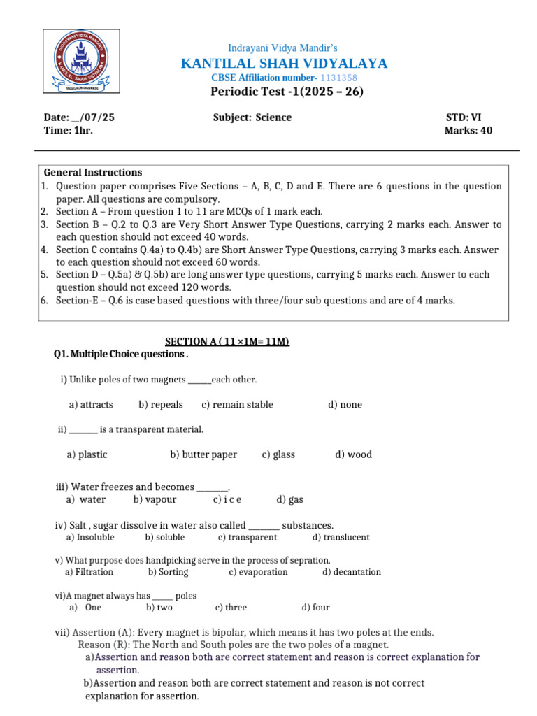 Science Test for Class VI Students | PDF | Solubility | Filtration