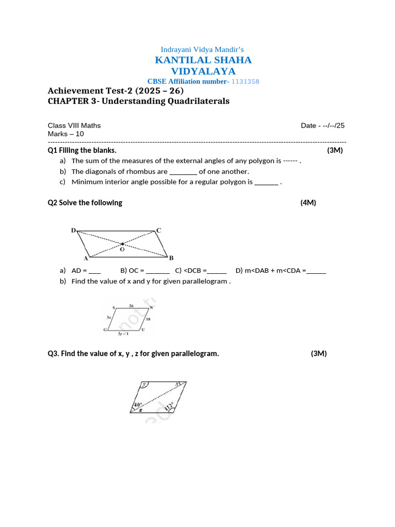 Class 8 Quadrilaterals Worksheet | PDF