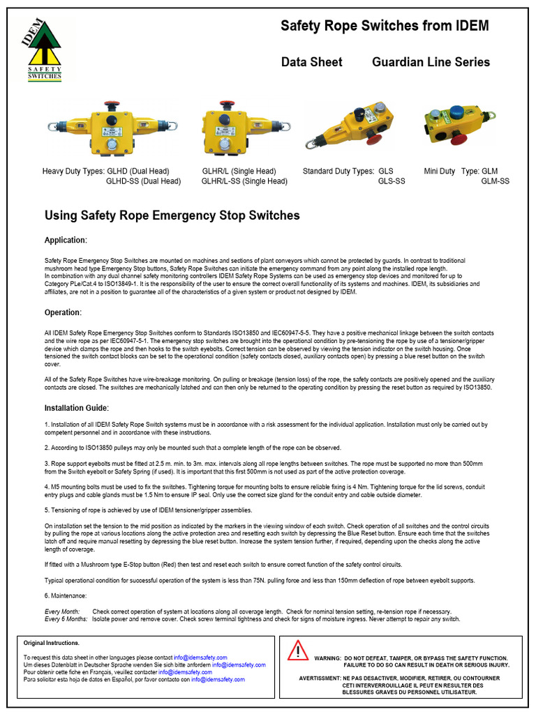 IDEM Safety Rope Switch Overview | PDF | Switch | Mains Electricity