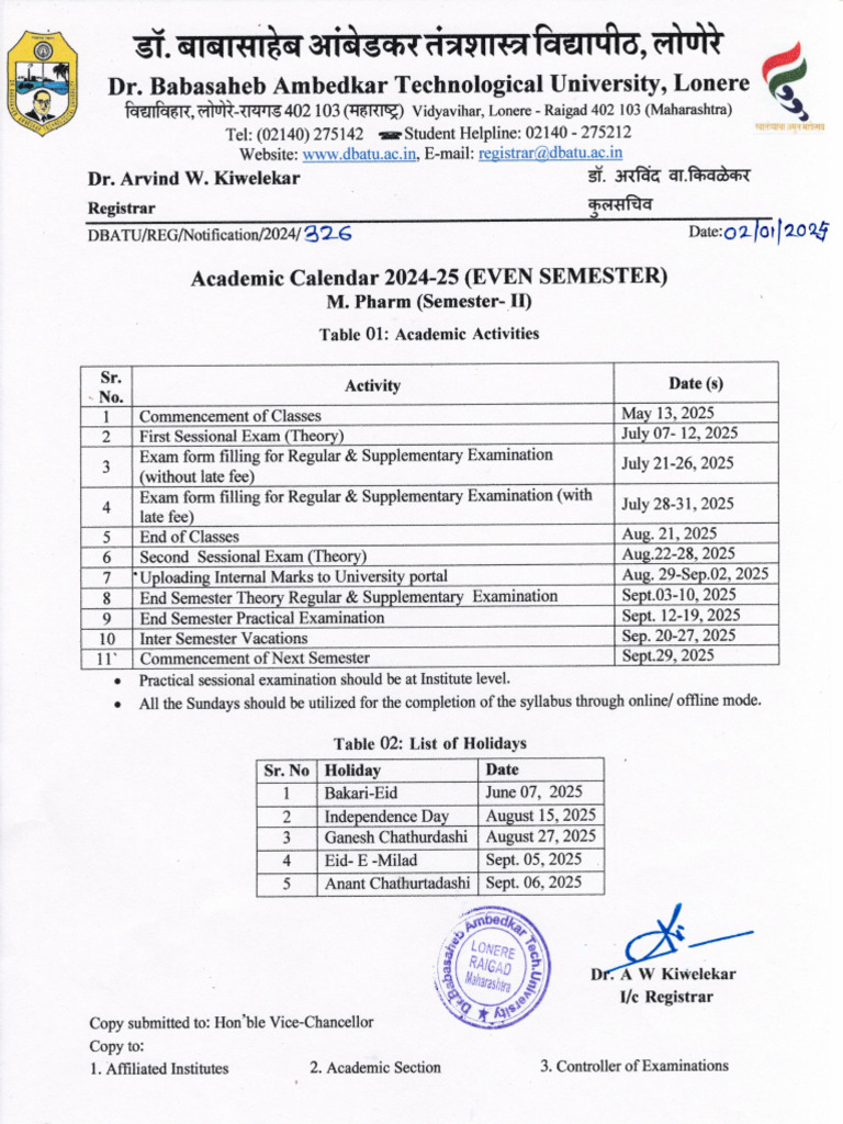 Academic Calendar 2024-25 Even Sem M Pharm Sem II 326 | PDF