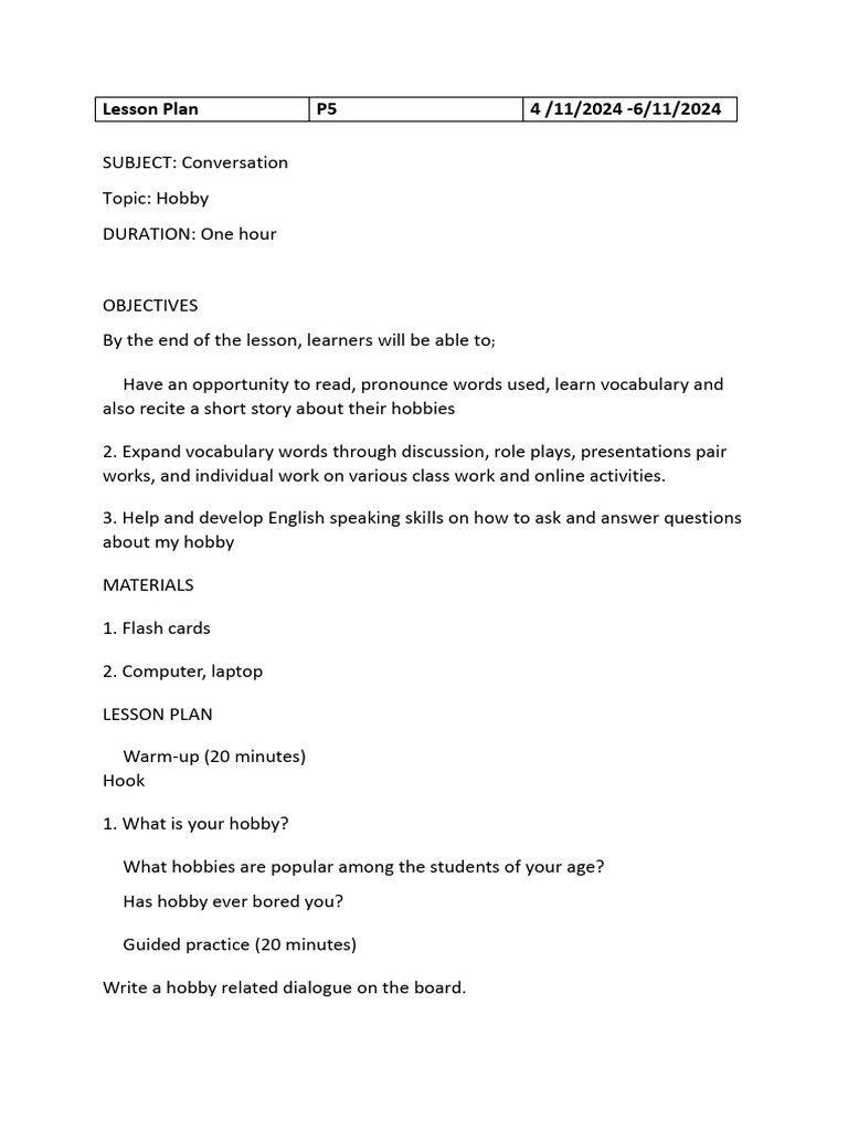 P5 Conversation Lesson Plans Overview | PDF | Vocabulary | Lesson Plan