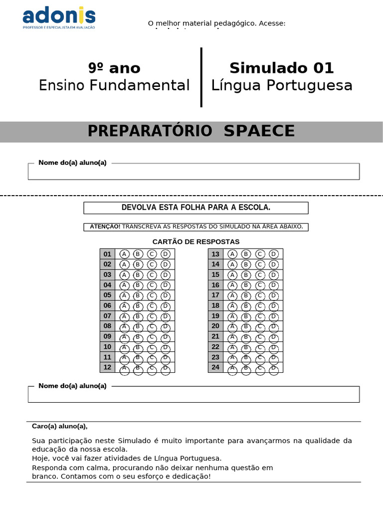 Simulado de Português 9º Ano SPAECE | PDF | Adolescência | Dormir