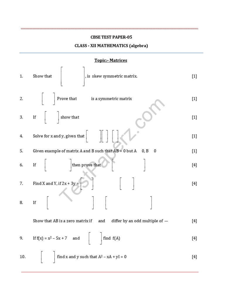 CBSE Class 12 Mathematics Matrices Test | PDF