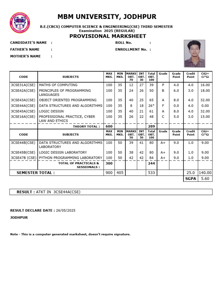 MBM University CSE 3rd Sem Marksheet | PDF | Information Technology ...