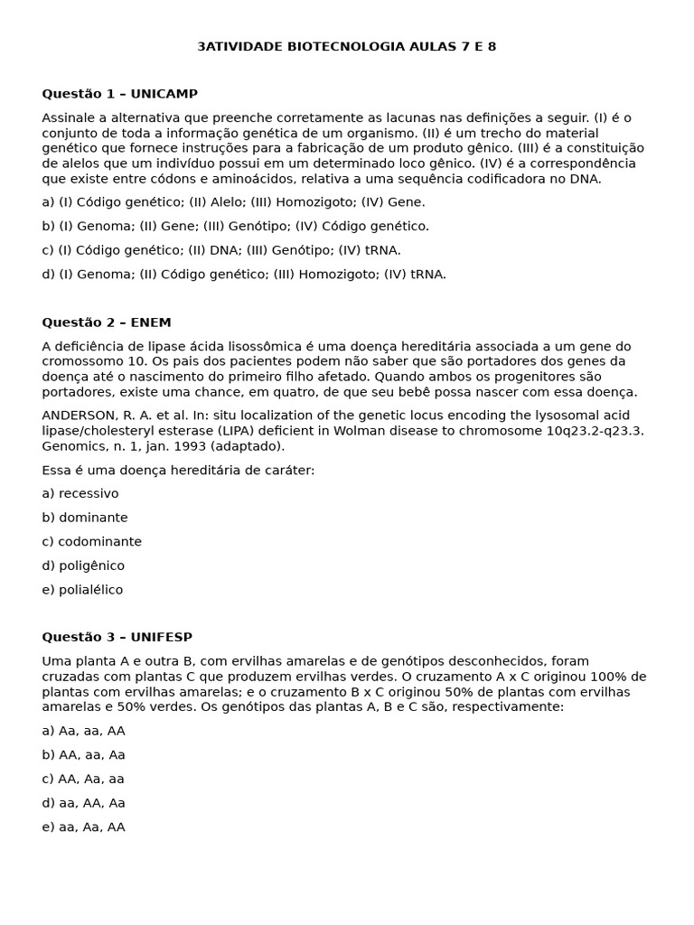 Questões de Biotecnologia e Genética | PDF