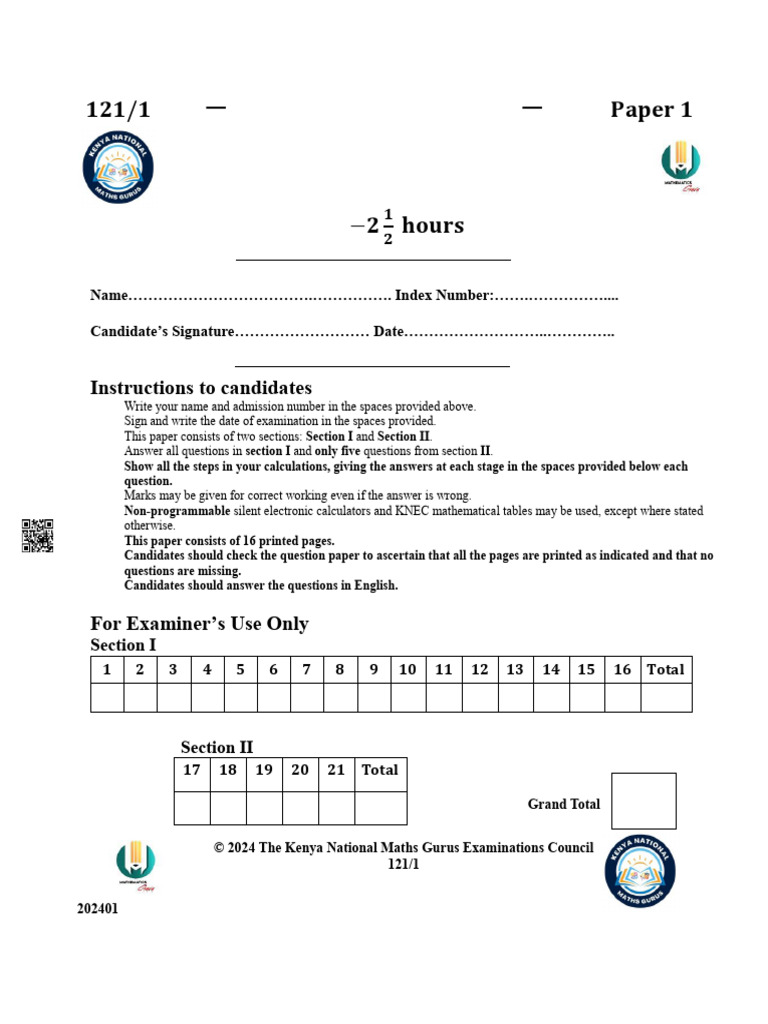 K.C.S.E. 2025 Mathematics Exam Paper | PDF | Area | Length