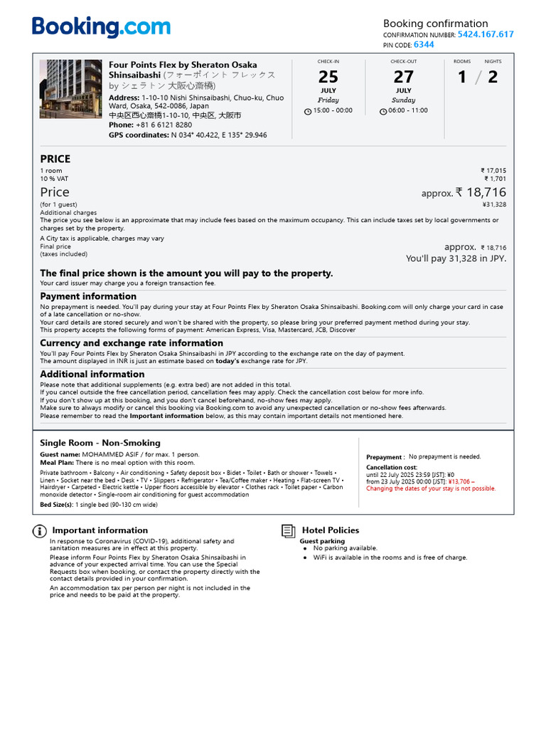Four Points Flex Sheraton Osaka Details | PDF | Payments | Japanese Yen