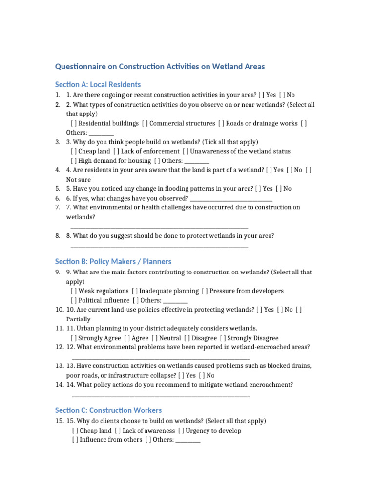 Wetland Construction Impact Questionnaire | PDF | Wetland | Environment