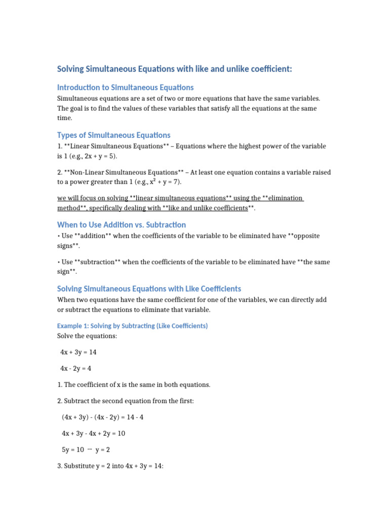 Simultaneous Equations Lesson Updated | PDF | Equations | System Of ...