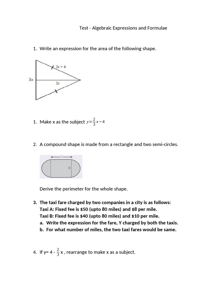 Algebraic Expressions and Formulas Guide | PDF