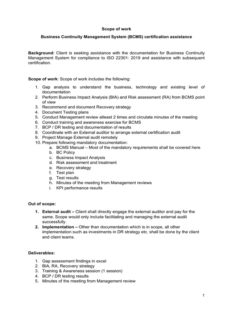 Scope of Work_BCMS Documentation and Certification Assistance | PDF ...