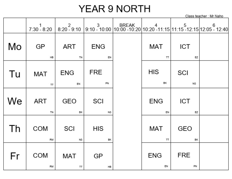 Year 9 North Class Timetable | PDF