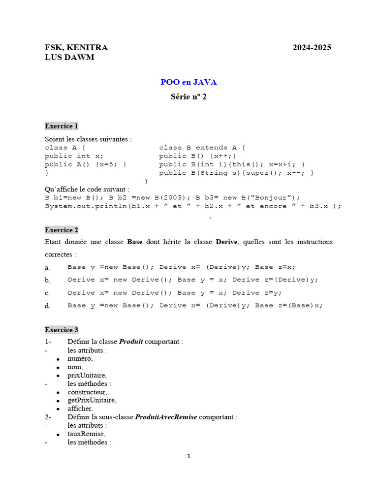 Exercices de POO en Java pour 2024-2025 | PDF | Java (Langage de ...