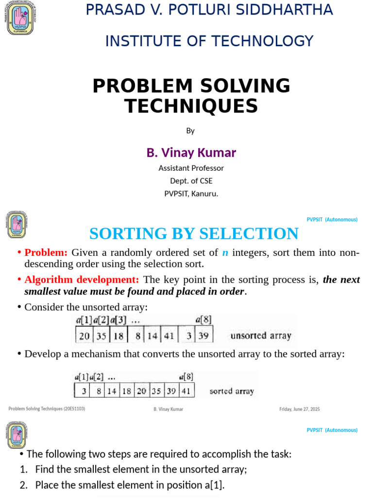 2 Sorting by Selection | PDF | Discrete Mathematics | Algorithms And ...
