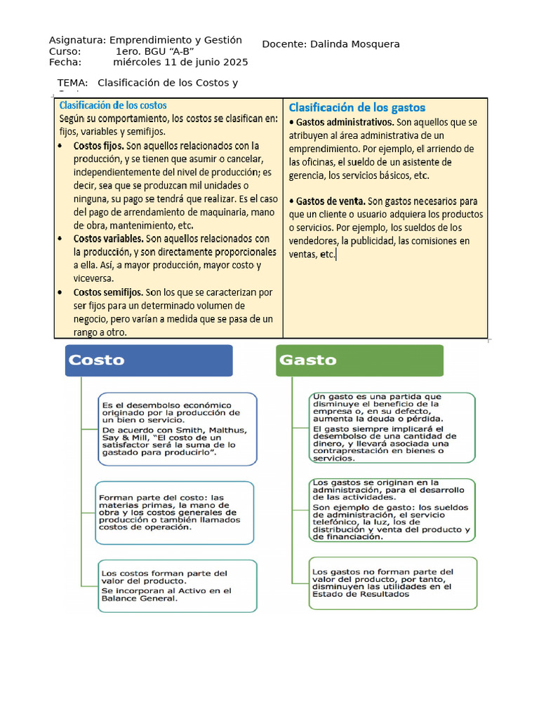 Clasificación de Costos y Gastos | PDF