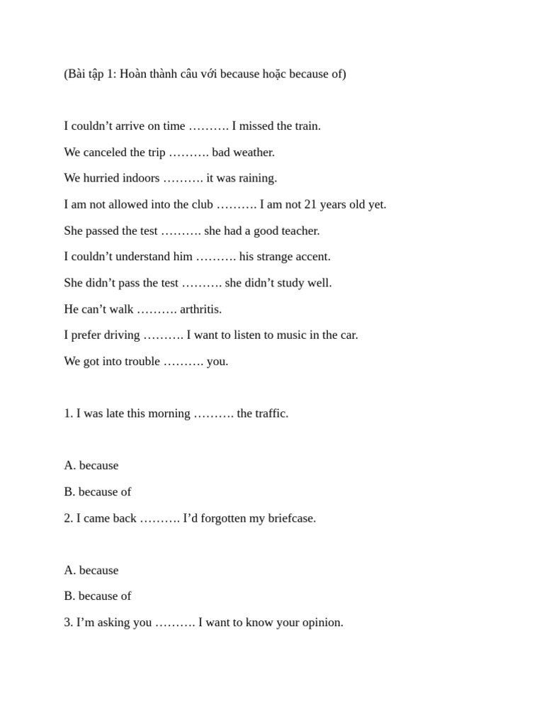 Exercises on Using Because and Because Of | PDF