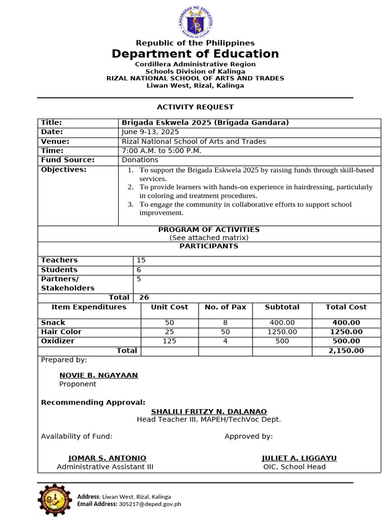 Brigada Eskwela 2025 Activity Request | PDF