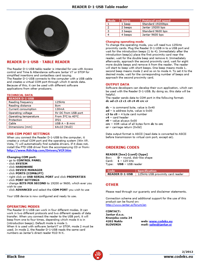 Datasheet Reader D 1 USB | PDF | Usb | Computer Hardware