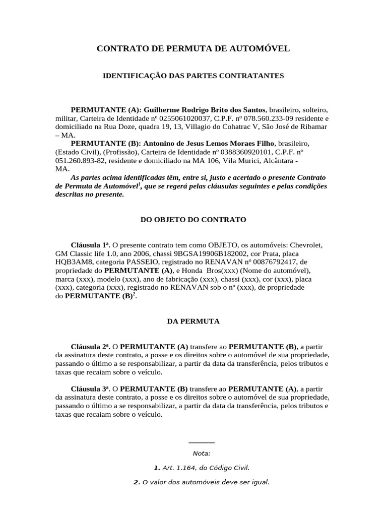 Contrato de Permuta de Automóveis | PDF