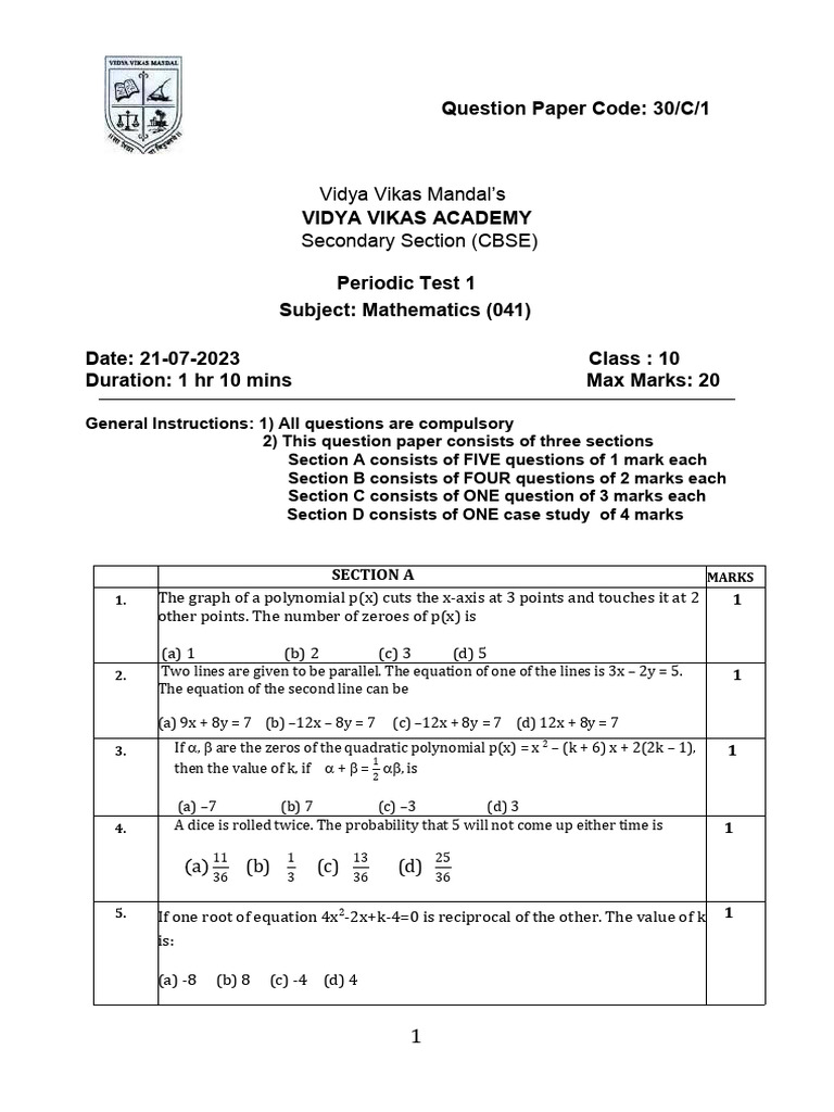 Class 10 Mathematics Periodic Test 1 | PDF | Zero Of A Function ...