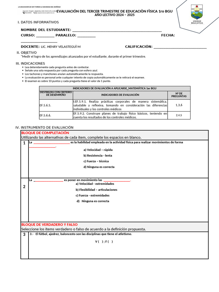 Evaluación Física 1er BGU 2024-2025 | PDF | Aprendizaje