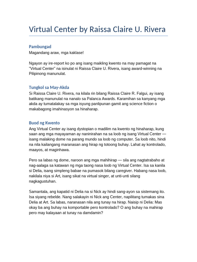 Virtual Center Classroom Style Report | PDF