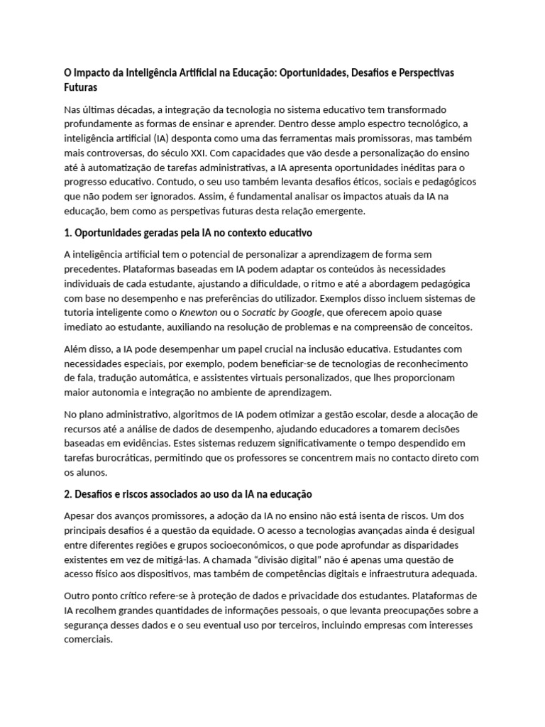 IA na Educação: Oportunidades e Desafios | PDF | Inteligência ...