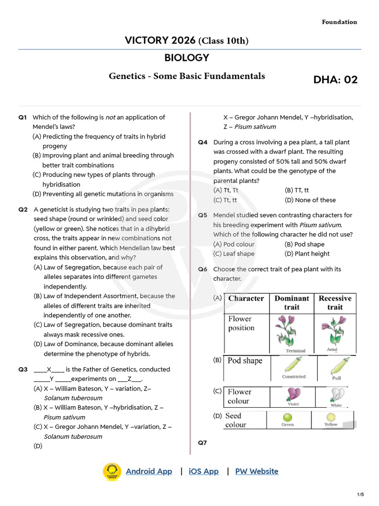 Genetics - Some Basic Fundamentals - DHA 02 - VICTORY 2026 (Class 10th ...