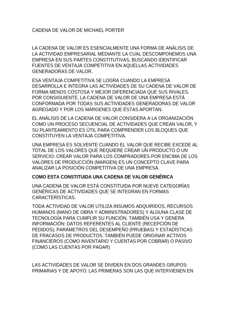 CADENA DE VALOR DE MICHAEL PORTER Semana 2 | PDF