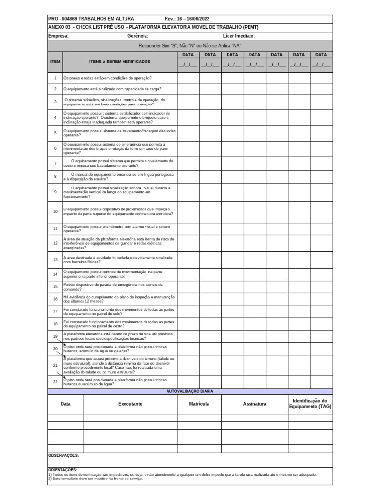 Check List Pré Uso Plataforma Elevatória | PDF