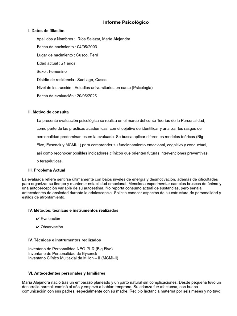 Informe Psicologico Teorias de La Personalidad | PDF | Las emociones ...