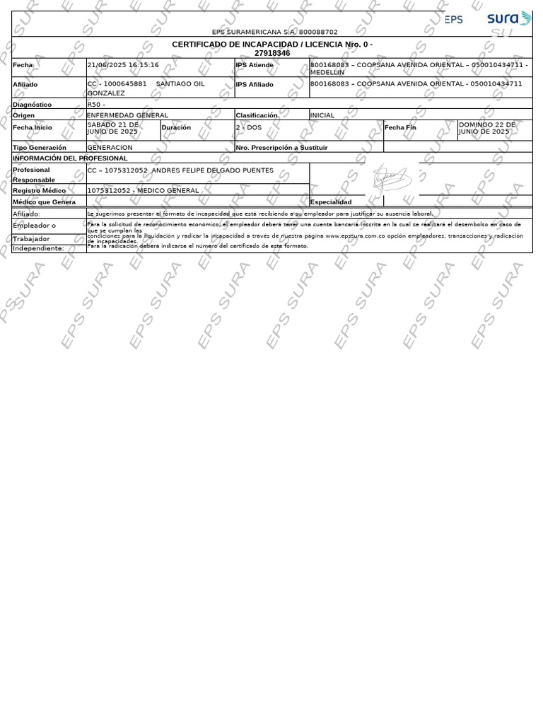 Certificado de Incapacidad EPS Sura 2025 | PDF